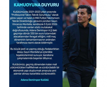 Alacaklarından vazgeçen Montella'dan Demirspor'a büyük jest